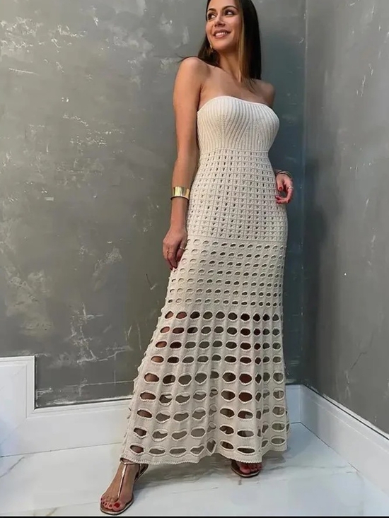 Dresses & Skirts - Strapless Crochet Maxi Dress in Cream